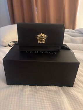 Versace Black Pebbled Leather Medusa Clutch with Gold Accent